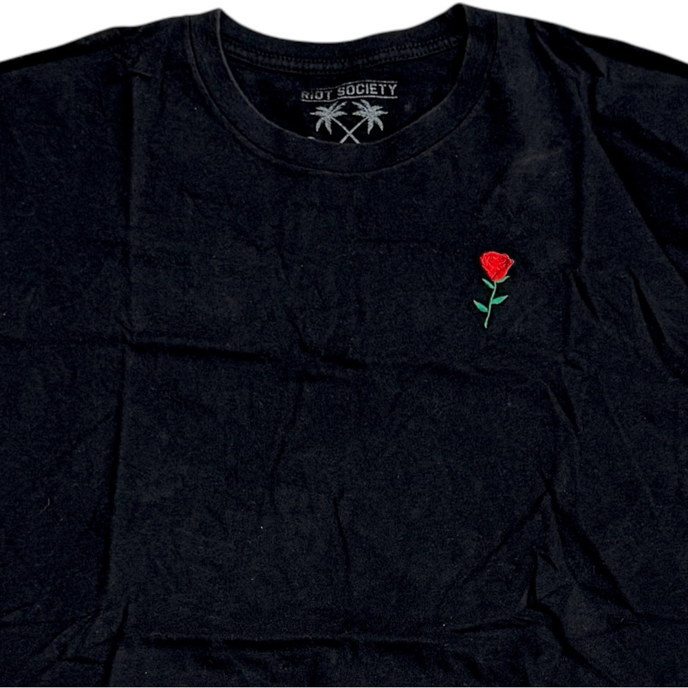 Riot Society Rose Embroidered Black T Shirt Men XL Streetwear Graphic Tee Skater
